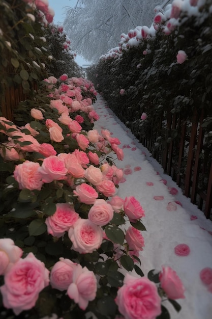 rosas cor de rosa estão crescendo ao longo de uma cerca na neve geradora de IA