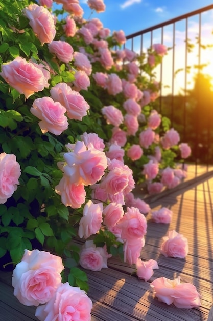 rosas cor de rosa estão crescendo em um deck de madeira ao sol generativo ai