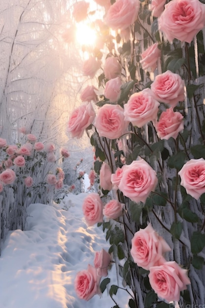 rosas cor de rosa estão crescendo em um jardim nevado com um caminho generativo ai