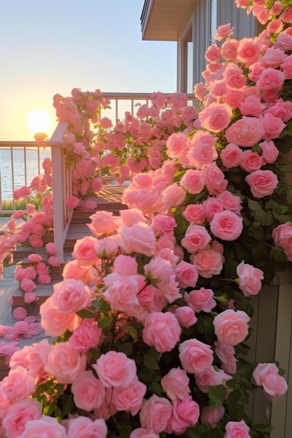 rosas cor de rosa estão crescendo em uma cerca perto do oceano gerador de IA