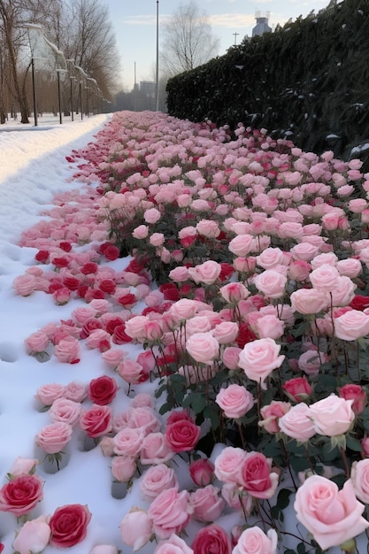 rosas cor de rosa estão crescendo na neve em um dia de neve IA generativa