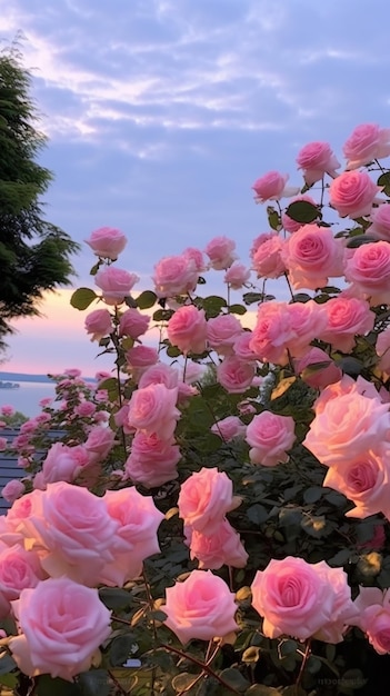 rosas cor de rosa estão florescendo em um jardim perto da água generativa ai