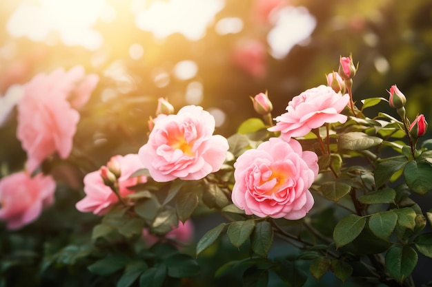 Rosas cor de rosa no jardim com o sol brilhando sobre elas Generative AI