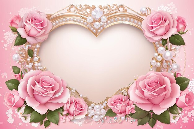 Rosas cor-de-rosa, pérolas e molduras em forma de coração.