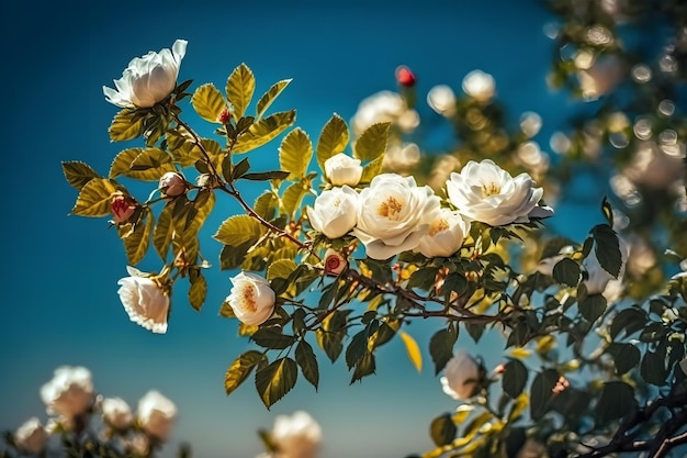 Rosas de arbusto branco sobre um fundo de céu azul à luz do sol. Bela primavera ou verão floral de volta