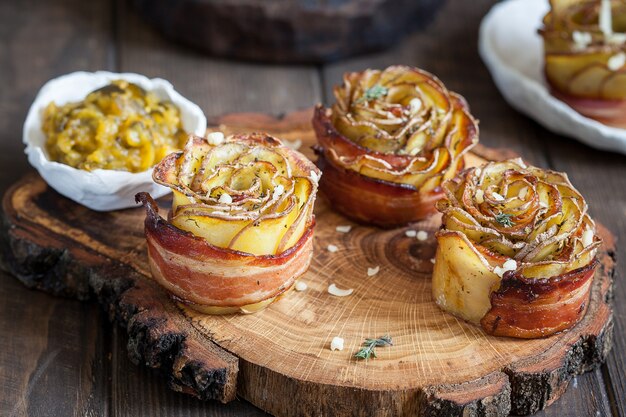 Rosas de batata crocante assadas com bacon