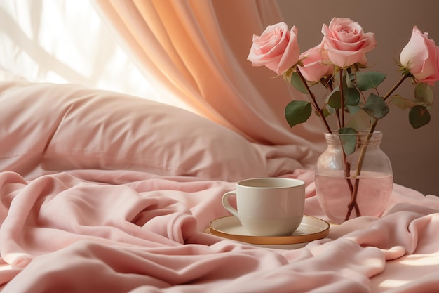 Rosas de café da manhã em roupas de cama cor-de-rosa macias