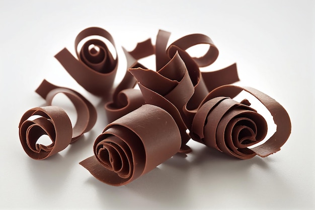 Rosas de chocolate estão sobre uma mesa branca com fundo branco.