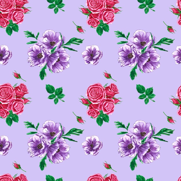 Rosas dibujadas a mano y anémonas de patrones sin fisuras Composición de flores de color púrpura y rosa de acuarela