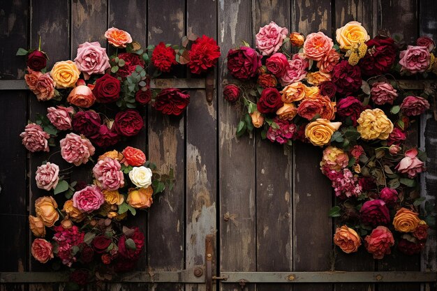 Rosas dispuestas en un patrón en una puerta de madera rústica