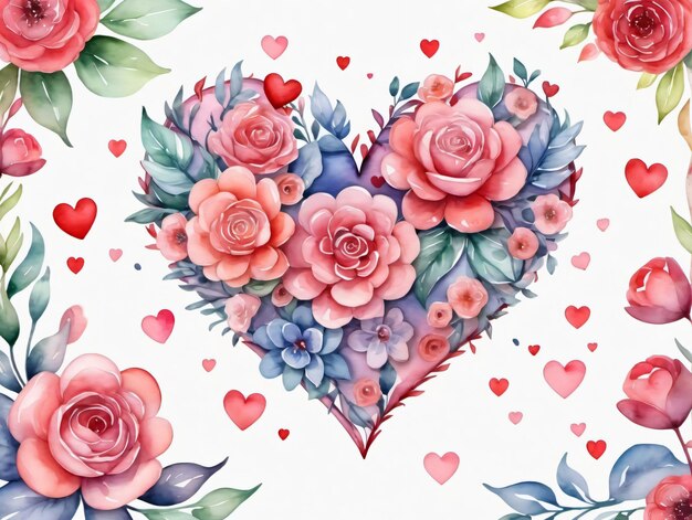 Rosas e corações em aquarela