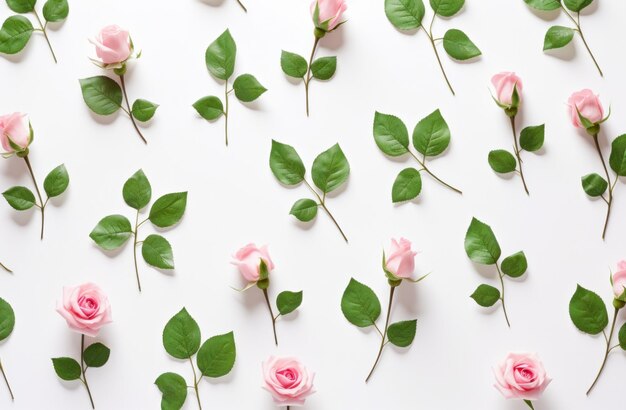 rosas e folhas cor-de-rosa sobre um fundo branco