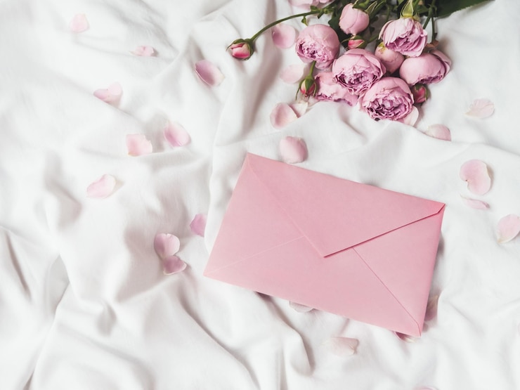 Foto rosas e pétalas em tecido branco arrugado fundo romântico com espaço de cópia em envelope rosa