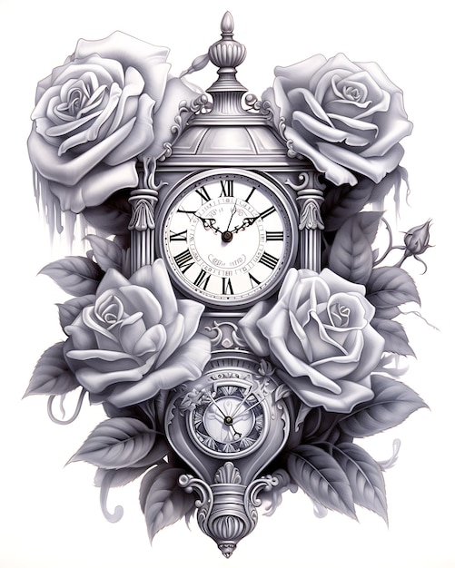 Rosas e relógio em Heavy Style Art