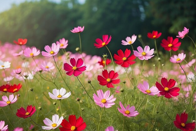 Foto rosas e vermelhas flores do cosmos jardim e foco suave rosas e vermellas flores do cosmo jardim e enfoque suave