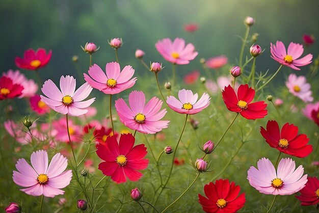 Foto rosas e vermelhas flores do cosmos jardim e foco suave rosas e vermellas flores do cosmo jardim e enfoque suave