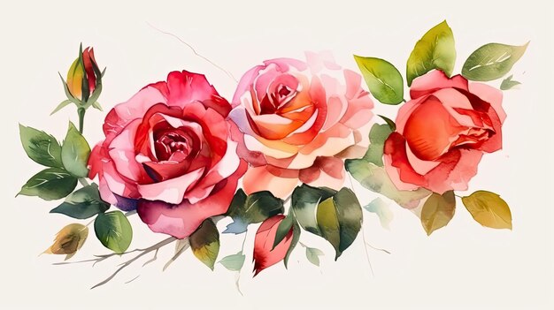 Rosas em aquarela sobre fundo branco 4K iluminação realista