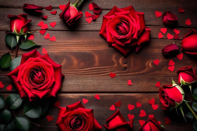 rosas em fundo de madeira com corações e corações