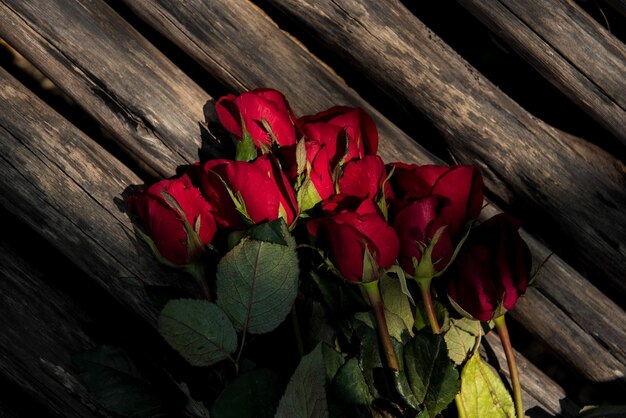 Rosas em fundo de madeira marrom