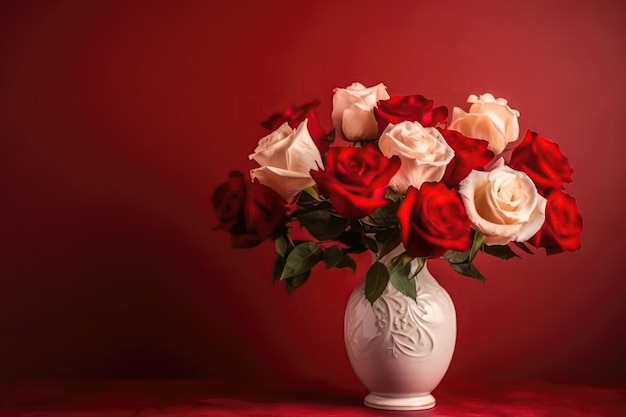 Rosas em vaso em fundo vermelho Copy Space Generative AI