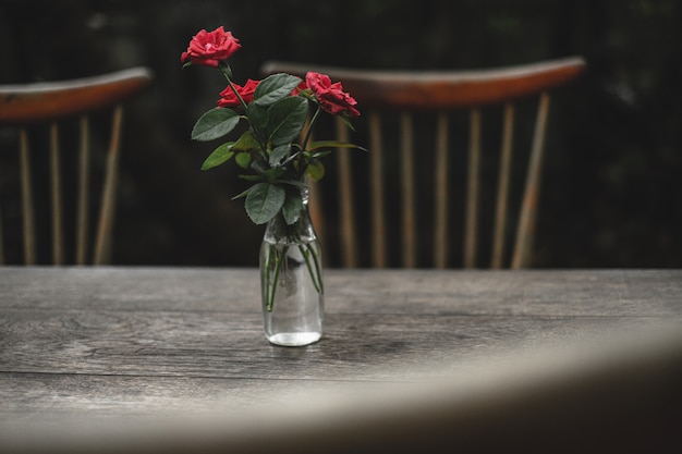 Rosas en florero sobre la vieja mesa y silla de madera