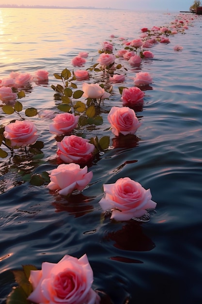 rosas flotando en el agua al atardecer con la puesta de sol ai generativa