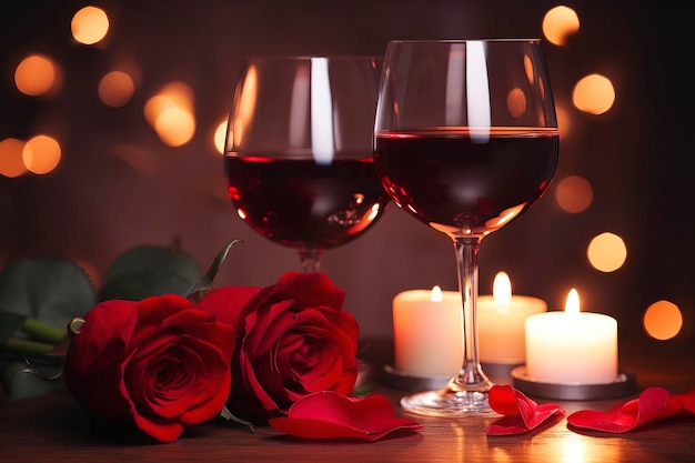 Rosas de fondo del día de San Valentín y copas de vino tinto Imagen generada por tecnología AI