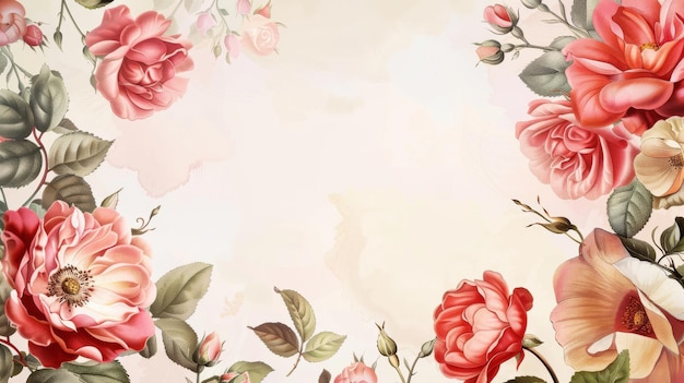 Foto rosas en un fondo de tarjeta vintage marco de flores para una floristería con etiquetas tarjeta de felicitación de rosas florales de verano rosas en el fondo de una tarjeta vintage fondo de flores para envases cosméticos
