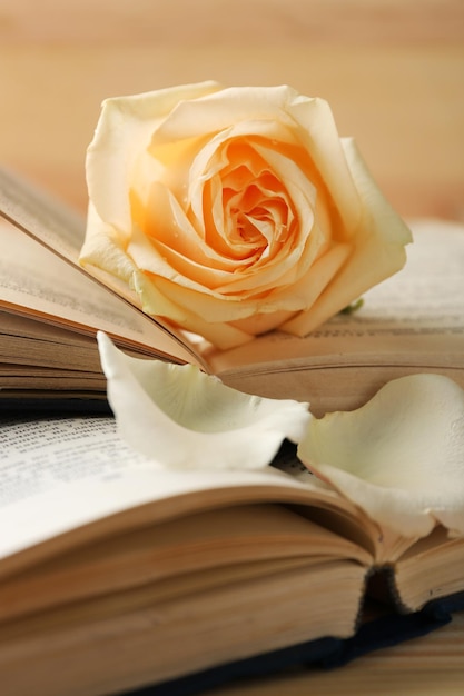 Rosas frescas con libros antiguos sobre fondo de madera. concepto de la vendimia