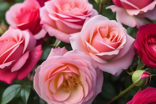 Rosas de jardín de color rosa claro en plena floración con gotas de lluvia en los pétalos