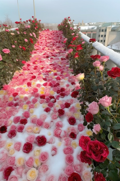 las rosas se lavan en una bañera en el techo ai generativo