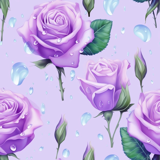 Rosas moradas con gotas de agua sobre ellas en un ai generativo de fondo morado