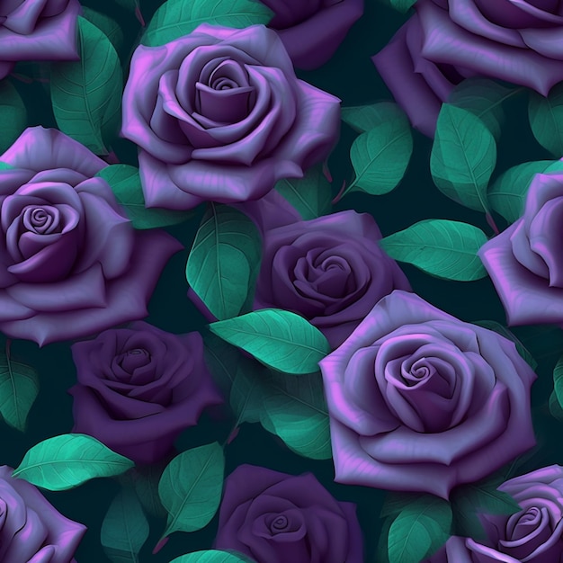 Rosas moradas con hojas verdes sobre un fondo oscuro ai generativo