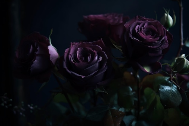 Rosas moradas primer plano fondo romántico oscuro Fondo de pantalla de flores Ai generado