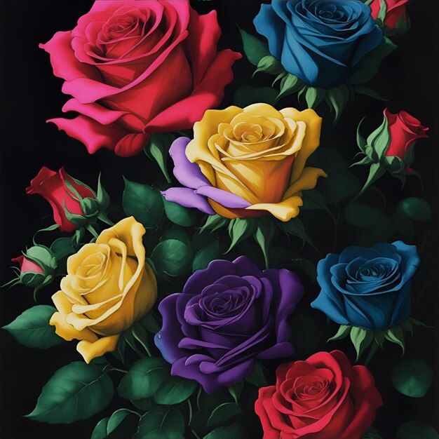 Rosas multicolores Pintura en acuarela Ornamento para diseño de telas y envases IA generativa