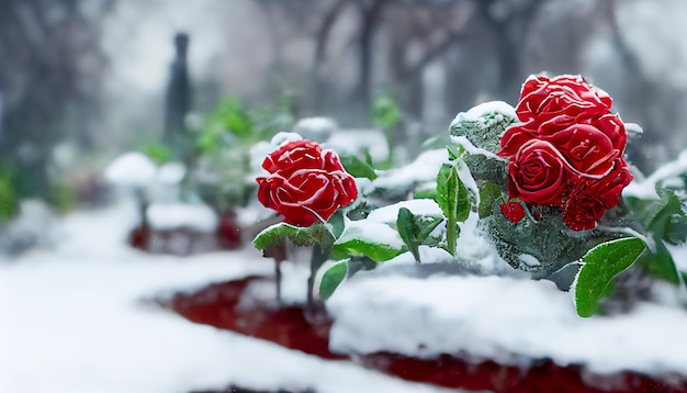 Rosas en la nieve en un viejo jardín abandonado