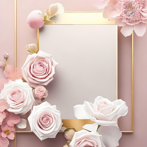 Rosas de papel rosa en un marco dorado.