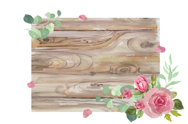 Rosas y pétalos de acuarela sobre fondo de madera rústica
