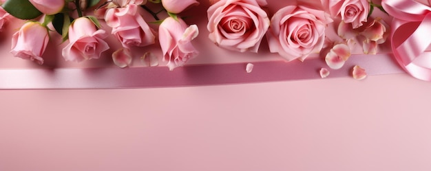 Rosas y pétalos en fondo rosado vista superior Caja de regalo con lazo de cinta y ramo de onpastel rosa de San Valentín