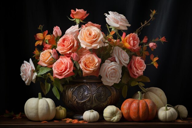 Rosas en un ramo con coloridas calabazas de otoño