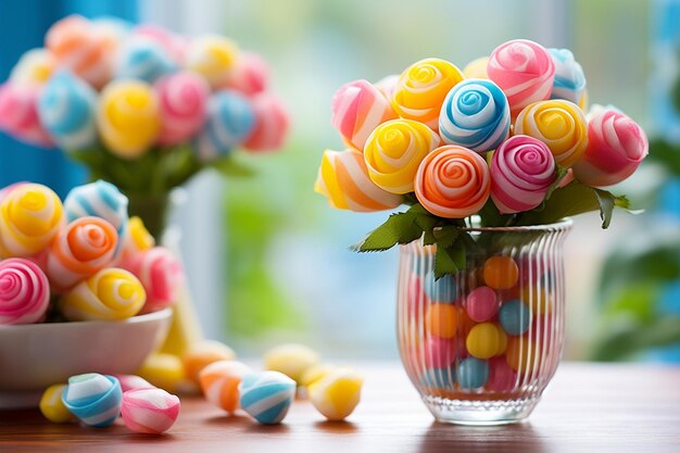 Rosas en un ramo con coloridos dulces de Pascua