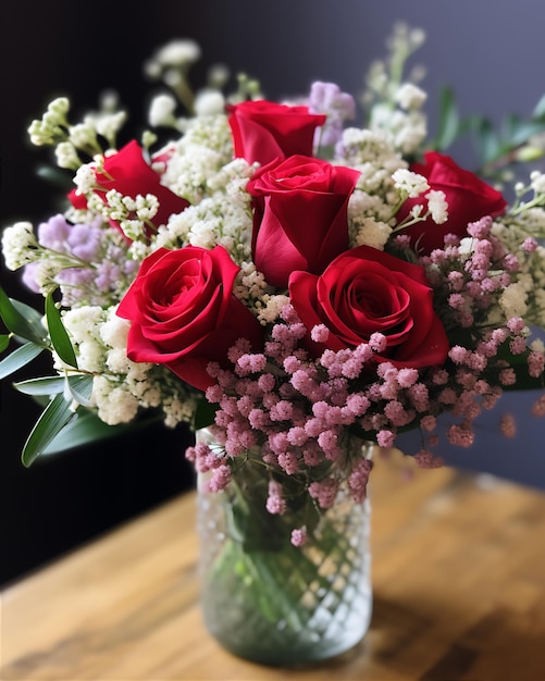 Rosas rojas, aliento de bebé y lavanda en jarrón