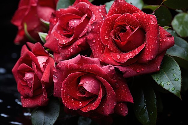 Las rosas rojas brillan en una lluvia suave que simboliza el romance, las citas de San Valentín y la propuesta de amor.