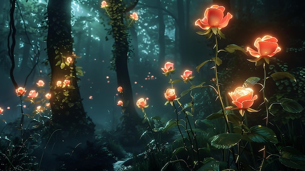 Rosas rojas brillantes en un bosque oscuro Las rosas están en plena floración y emiten una luz suave