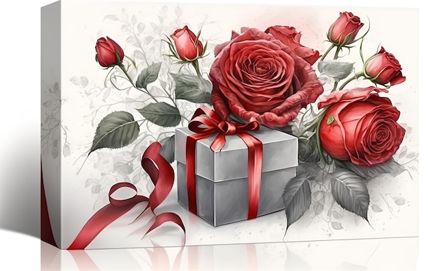 Rosas rojas y caja de regalo sobre un fondo blanco.