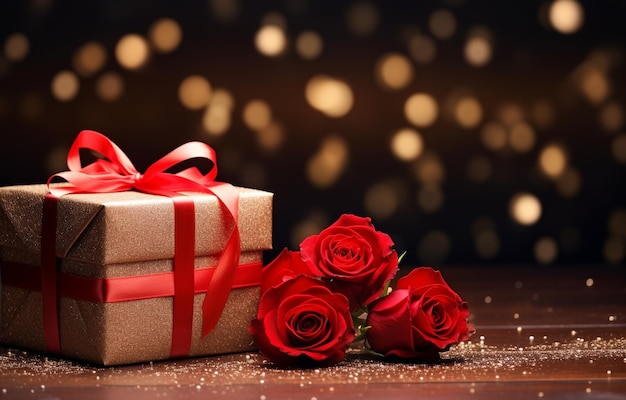 Las rosas rojas con la caja de regalos están apiladas