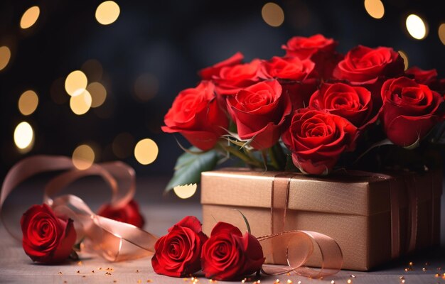 Las rosas rojas con la caja de regalos están apiladas