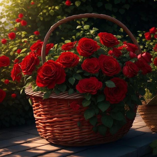 Rosas rojas en la cesta de jardín de alta resolución de la mañana