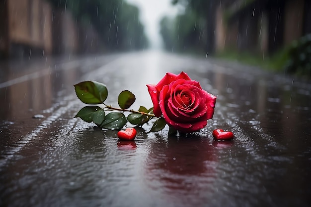 Rosas rojas con corazón en el camino en una noche lluviosa de invierno