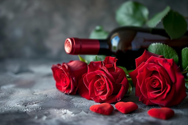 Rosas rojas con corazones y una botella de vino en una mesa verde